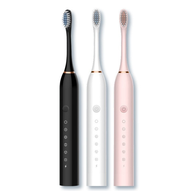 Soft-bristle toothbrush rechargeable automatic electric toothbrushes in black, white, and pink colors.