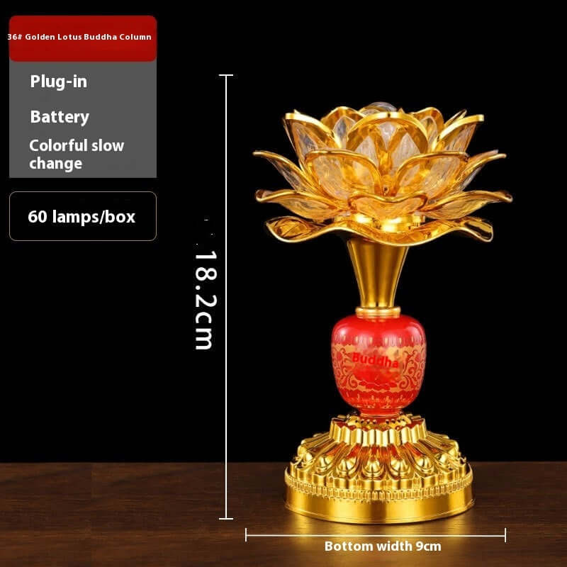 Lotus Lamp Colorful Gradient Home with golden Buddha design and vibrant multi-colored glow for ambiance.