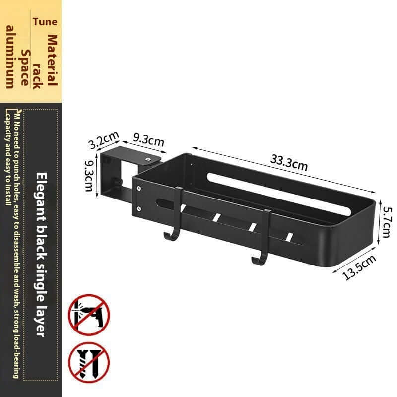 Punch-free kitchen wall storage rack in elegant black, single layer, made of aluminum, installation-free design.
