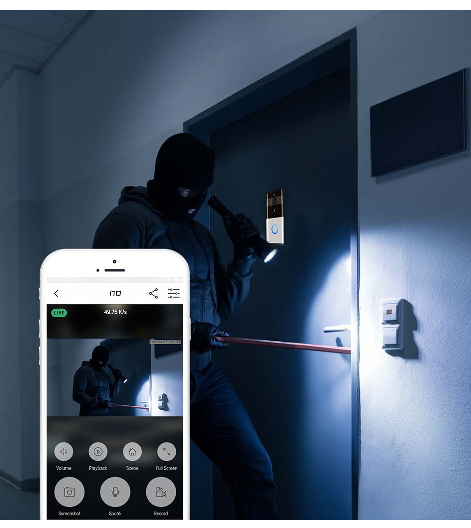 Marlboze 720P WiFi Smart Video Doorbell activated during a burglary attempt with motion detection features.