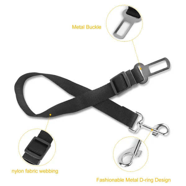 Adjustable pet seat belt leash for dogs and cats with metal buckle and D-ring design.