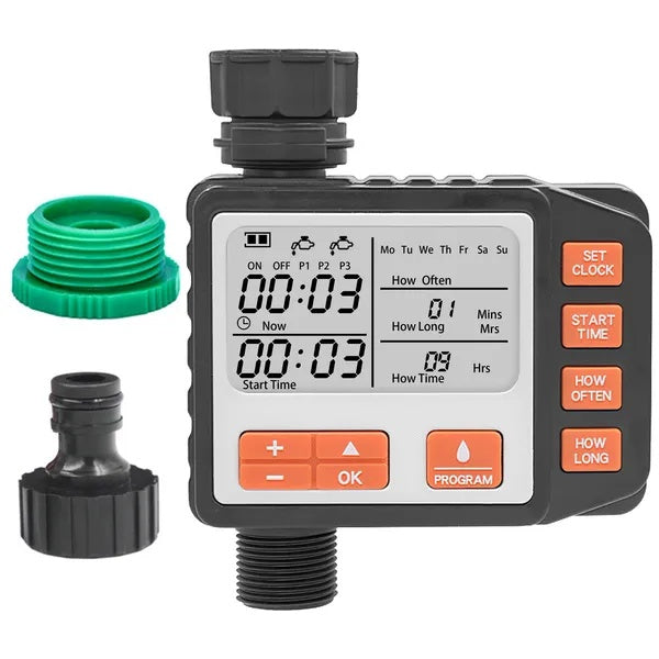 Sprinkler timer with digital display and buttons, featuring a program for customizable watering schedules.