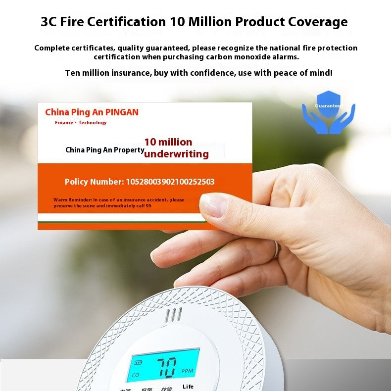 Carbon monoxide alarm with fire certification and insurance details for enhanced safety assurance.
