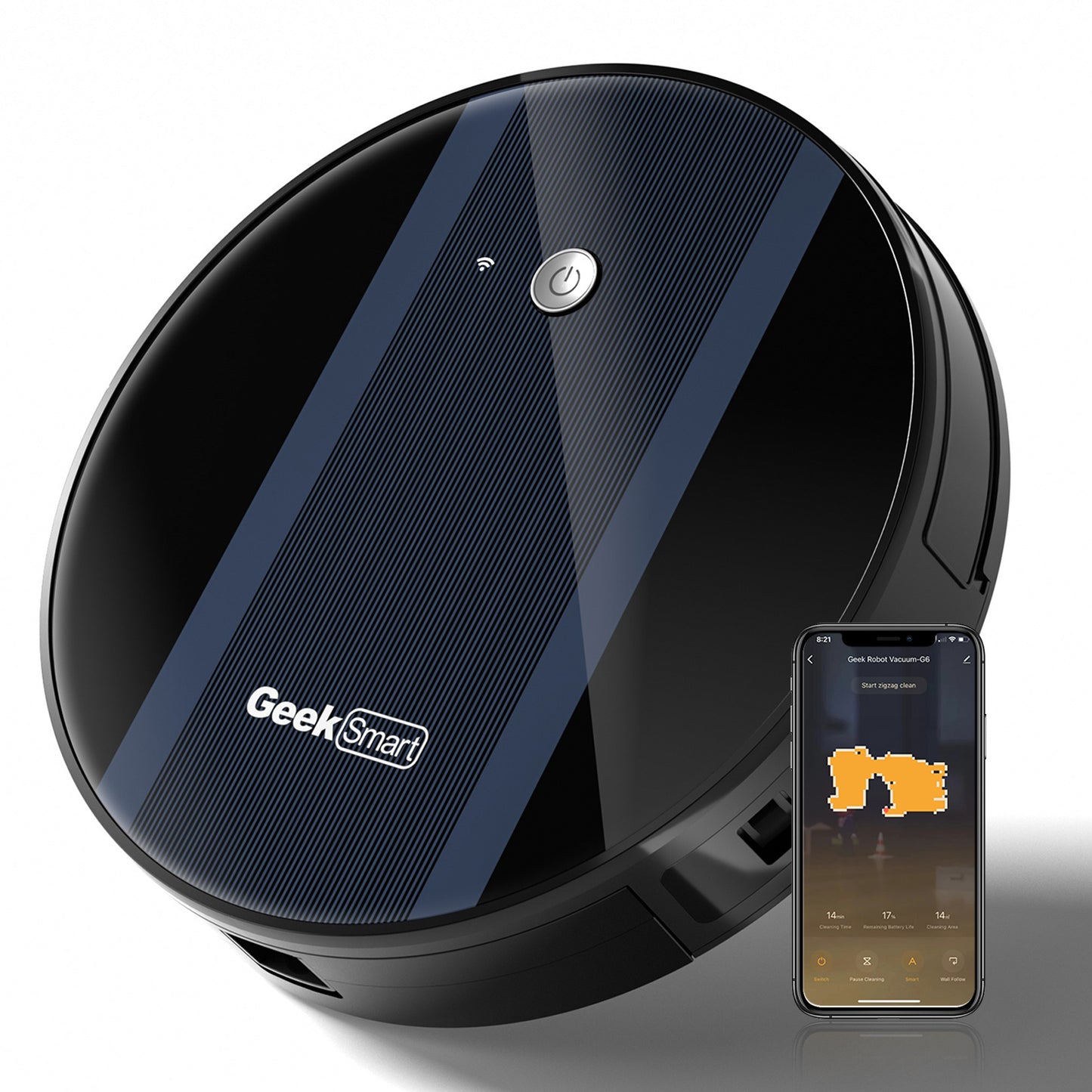 Geek Smart Robot Vacuum Cleaner G6 Plus featuring Wi-Fi connectivity and app control, perfect for various surfaces and automatic charging.