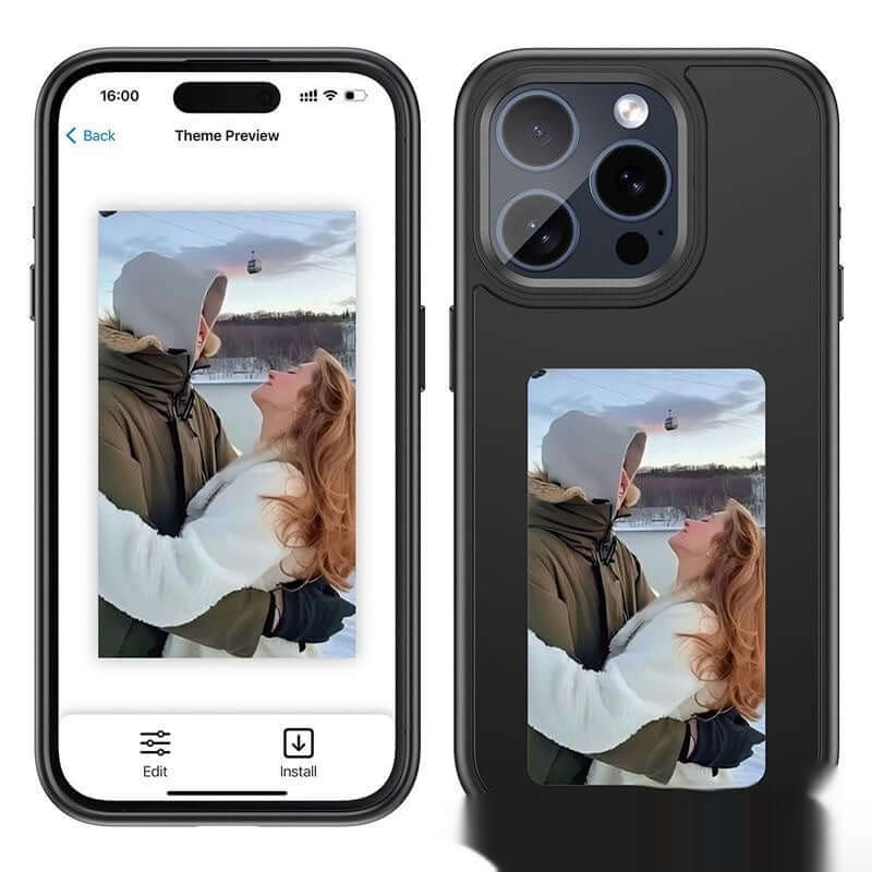 Smart NFC Screen Projection DIY Phone Case displaying a romantic theme preview with a couple outdoors.