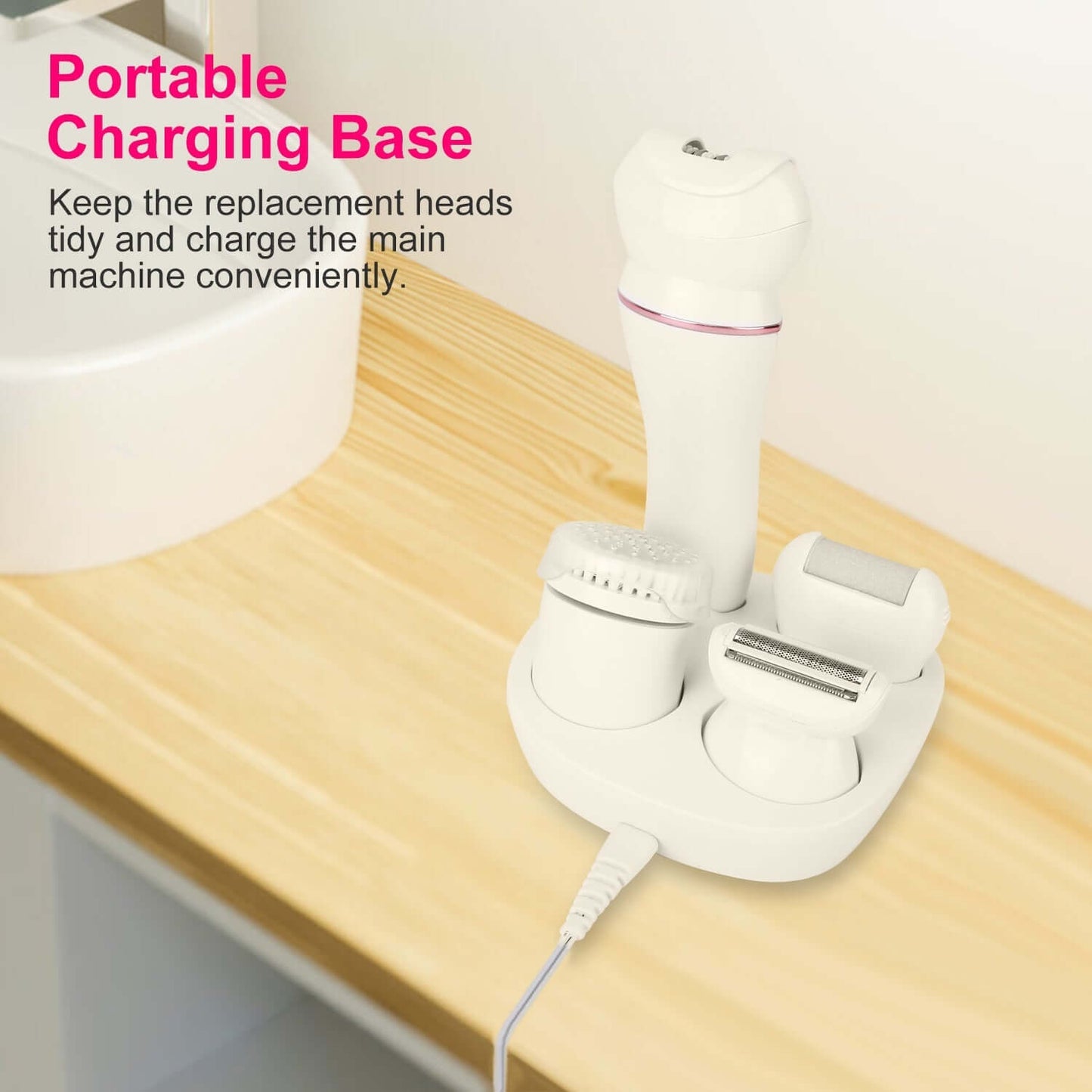5-in-1 Electric Women’s Grooming Kit portable charging base for tidy storage and convenient charging of grooming tools.