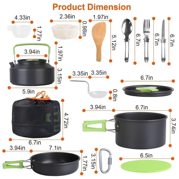Product dimensions of a 16Pcs Camping Cooking Ware Set, including stove and various cookware items for outdoor cooking.