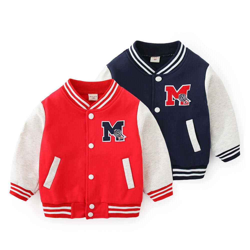 Children's Cardigan Baseball Sweater Set in red and navy colors with embroidered letter designs.