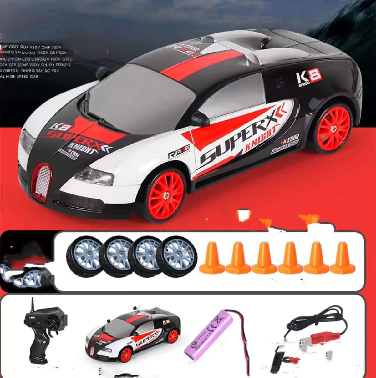 Remote Control Drift Racing Car with LED lights, perfect for high-speed drifting fun.