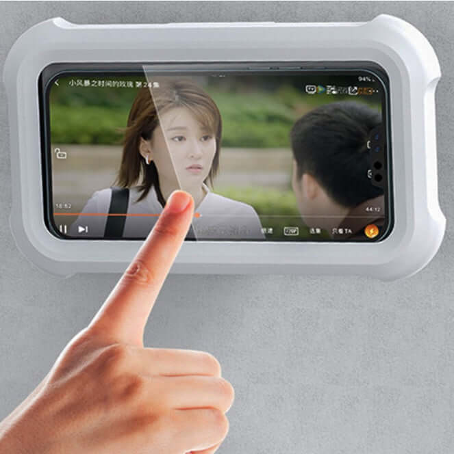 waterproof mobile phone rack mounted on wall with person interacting with phone