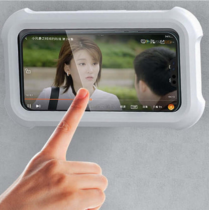 waterproof mobile phone rack mounted on wall with person interacting with phone