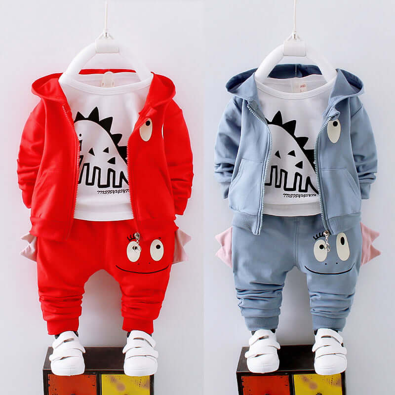 Boys Cotton Casual Clothing Set featuring a red and blue dinosaur-themed sports outfit with long sleeves and non-detachable cap.