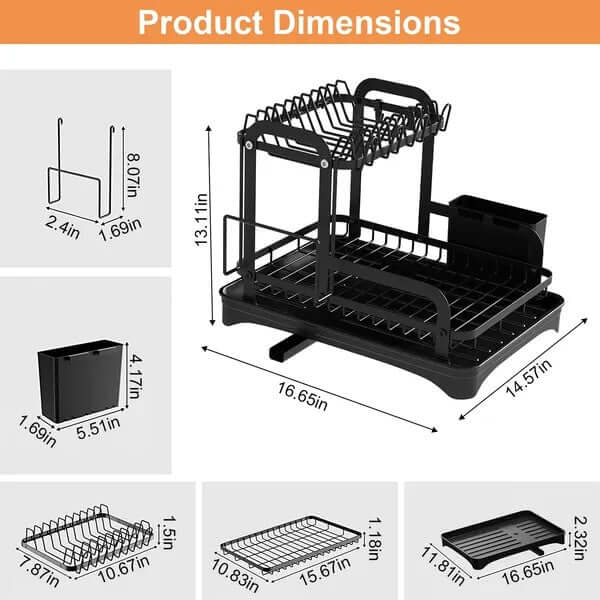 Product dimensions of a 2-Tier Rustproof Dish Drying Rack with Drainboard Organizer, showcasing various measurements.