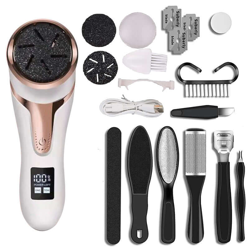 Foot scrubber and pedicure beauty supplies tools including grinding heads, cleaning brush, and power cord.