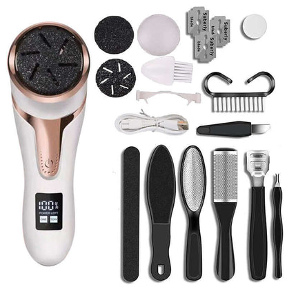 Foot scrubber and pedicure beauty supplies tools including grinding heads, cleaning brush, and power cord.