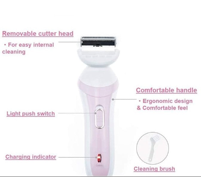Electric Women Shaver with removable cutter head, light push switch, ergonomic handle, and cleaning brush for easy grooming.