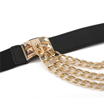 Women’s Elastic Dress Belt with Gold Chain Rivet – Punk Style