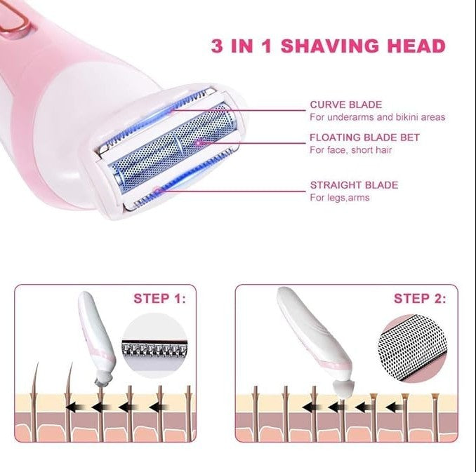 Electric Women Shaver with 3 in 1 shaving head, including curve, floating, and straight blades for versatile grooming.