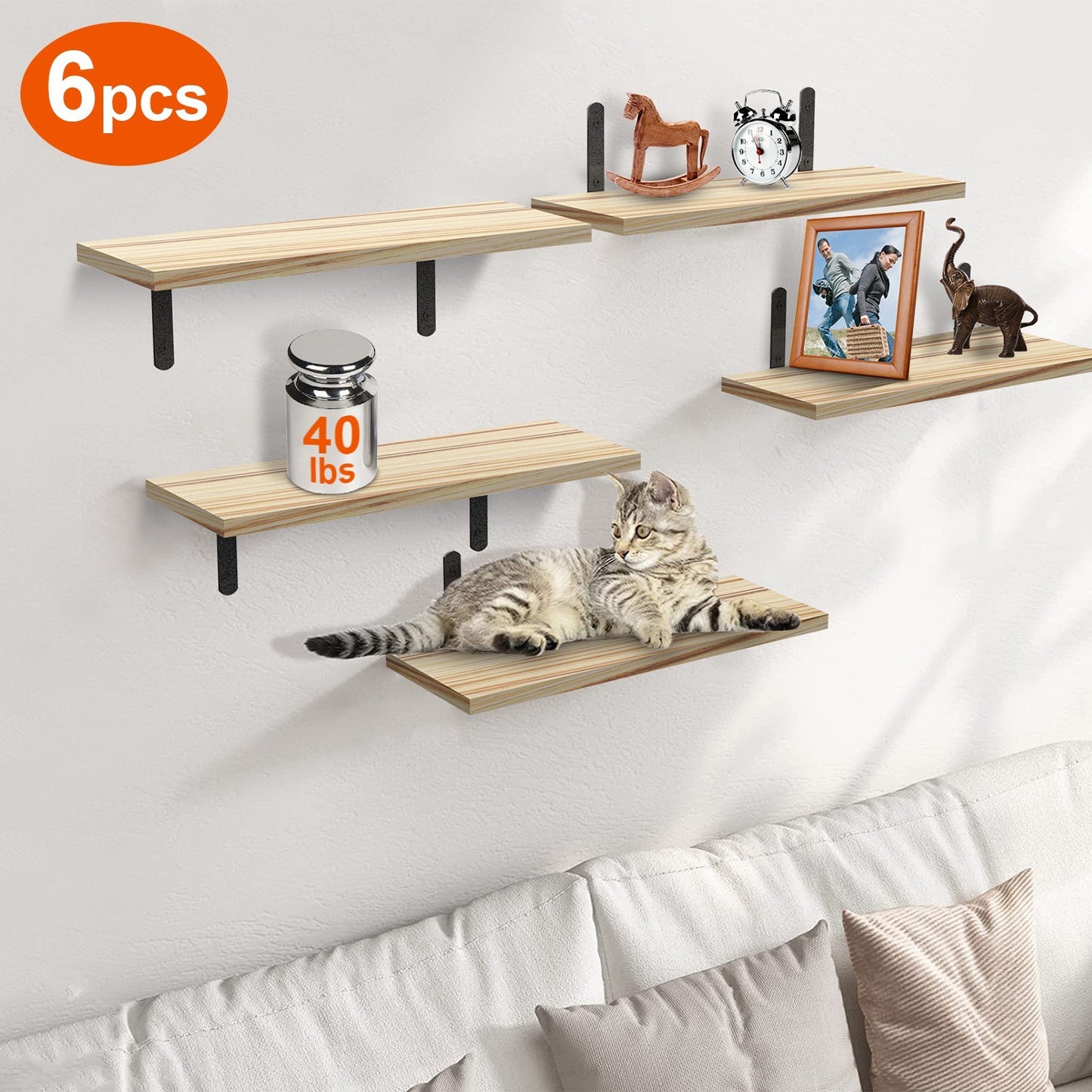 6-Piece Floating Wall Shelves with Metal Brackets