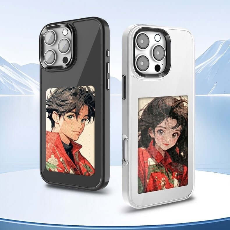 Smart NFC screen projection DIY phone case with anime characters in black and white designs.