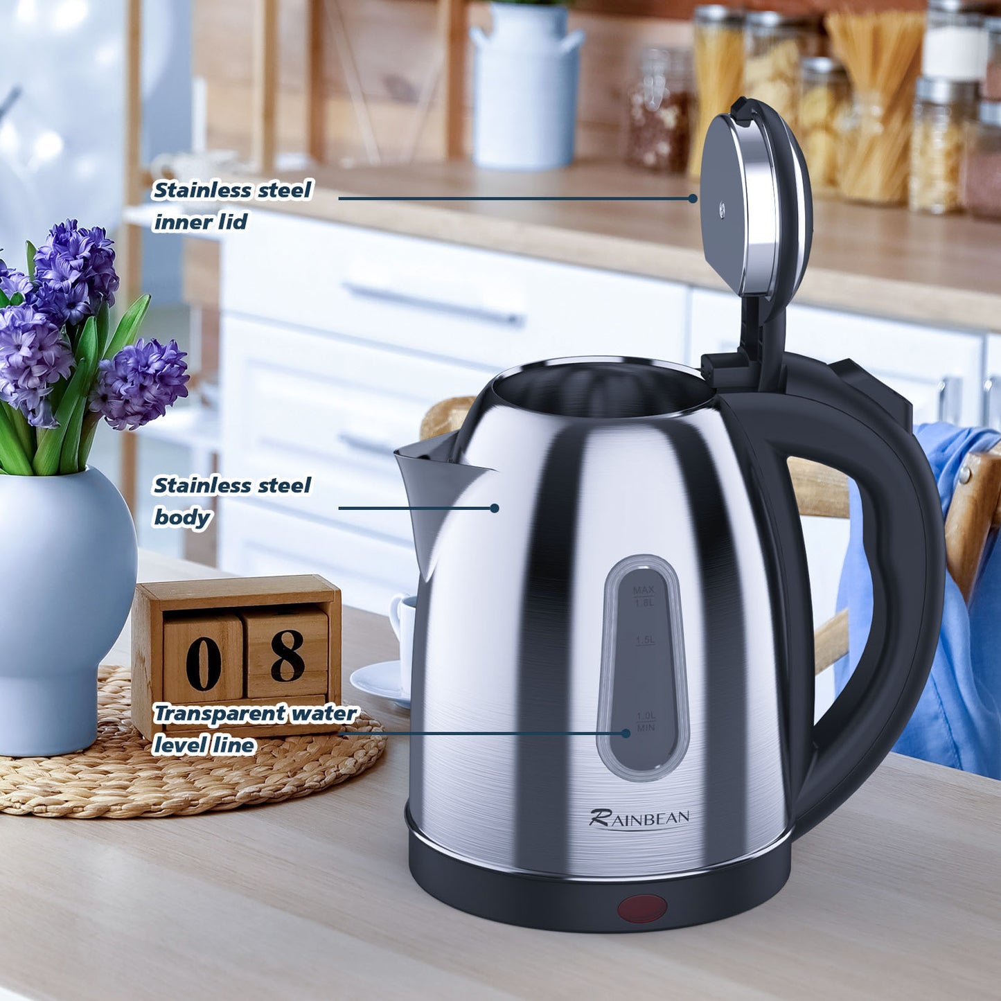 Electric kettle 1.8L stainless steel water boiler with auto shut-off feature and transparent water level.