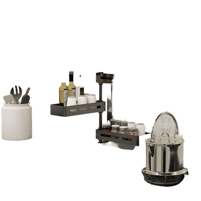 Punch-free kitchen wall storage rack in elegant black, includes knife canister, bottles, and cups.