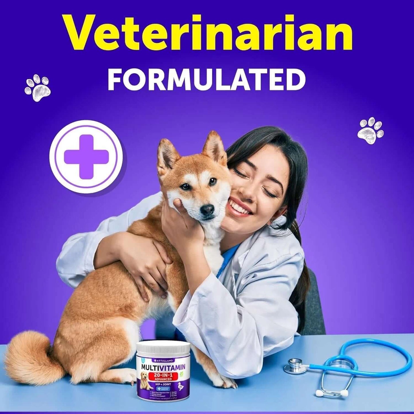 Dog being hugged by a veterinarian with multivitamin chews for dog health and wellness.