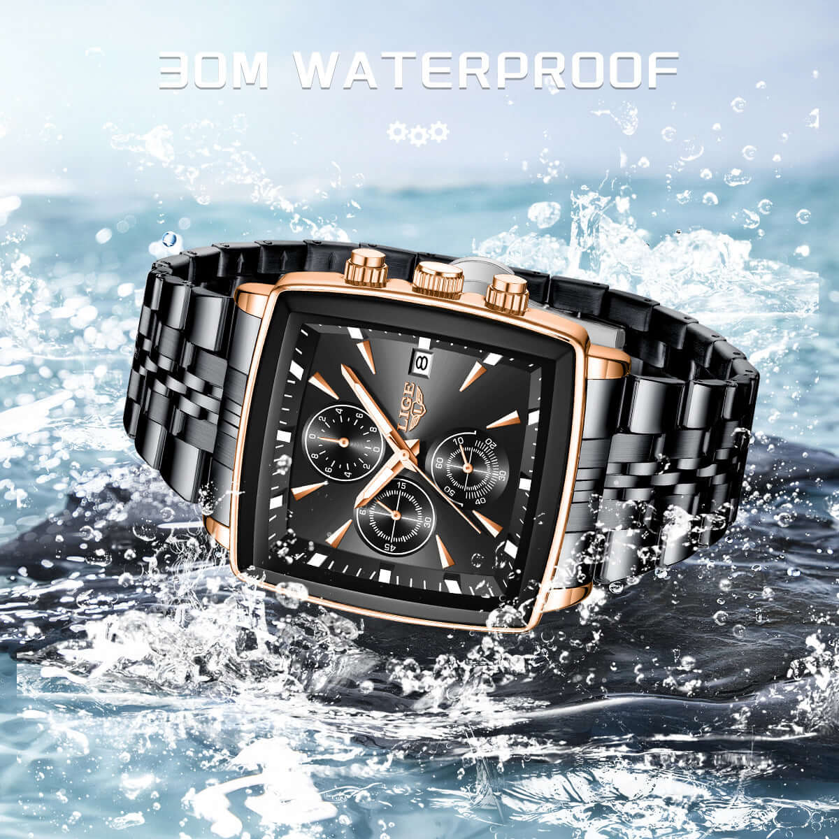 Men's large dial square business watch, 30m waterproof, featuring a black and rose gold design.