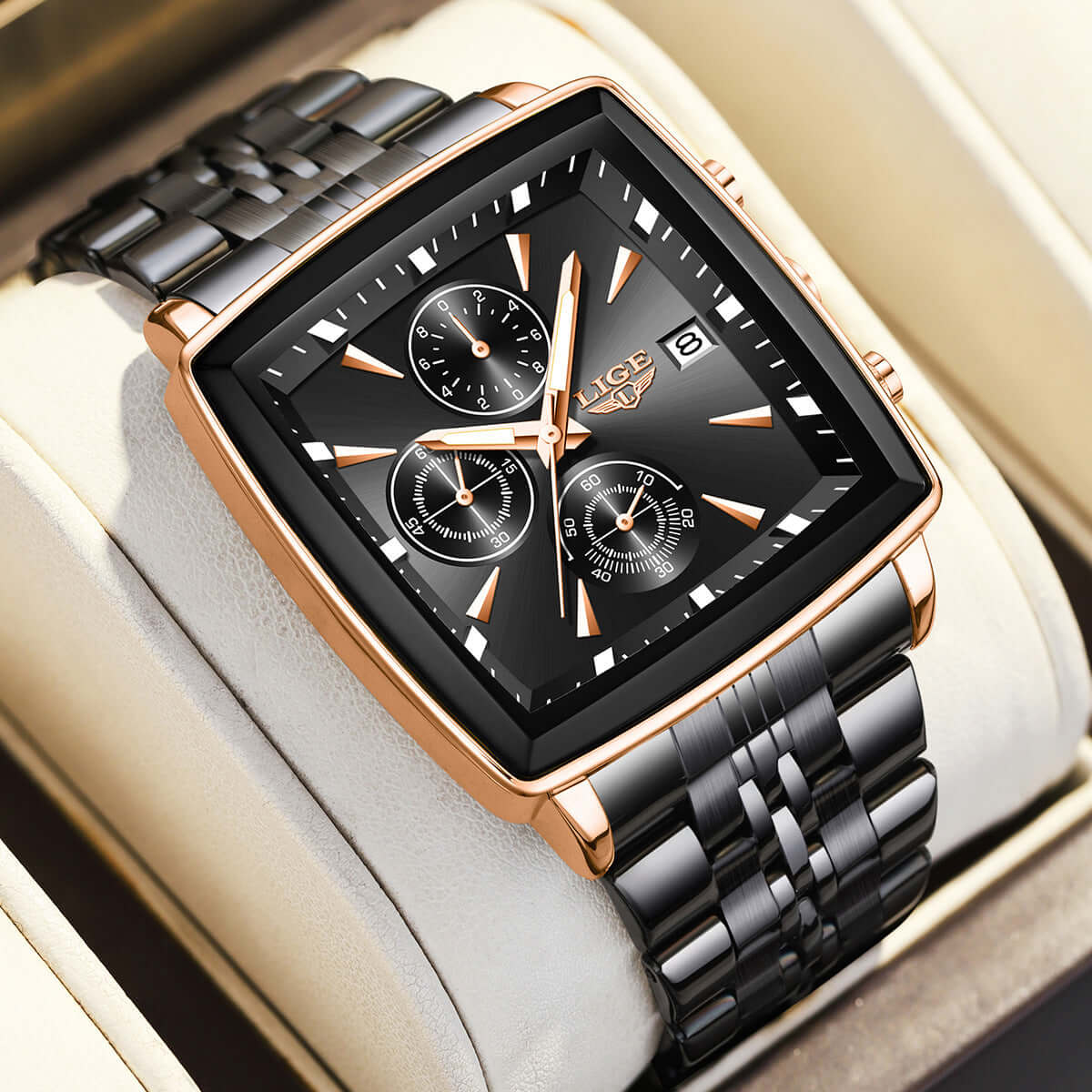 Men's large dial square business watch in rose gold and black design on display.