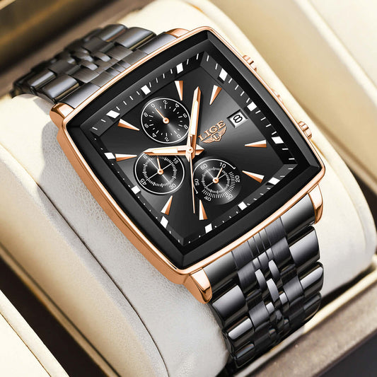 Men's large dial square business watch in rose gold and black design on display.