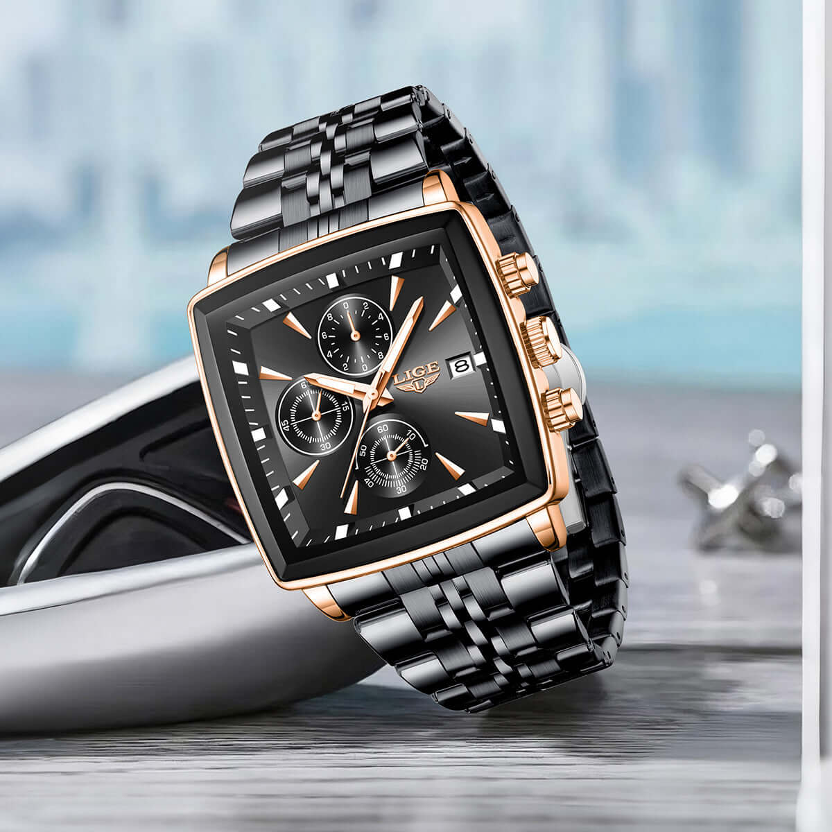 Men's large dial square business watch in rose gold and black, showcasing a stylish design and features.