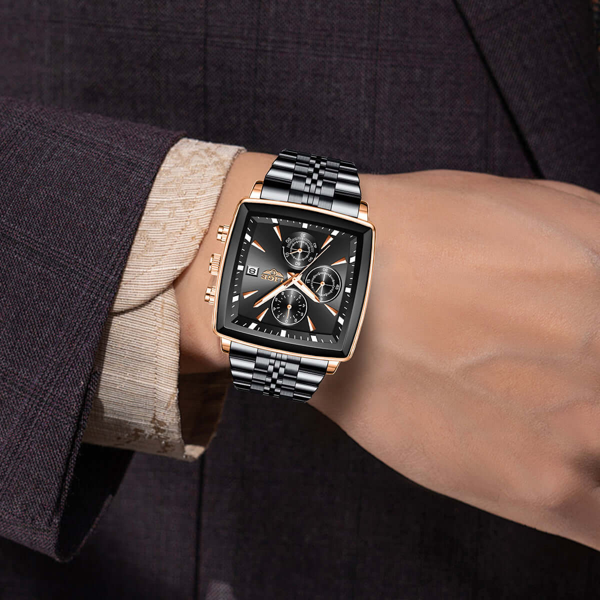 Men’s Large Dial Square Business Watch with black face and rose gold accents on a wrist in a formal setting.