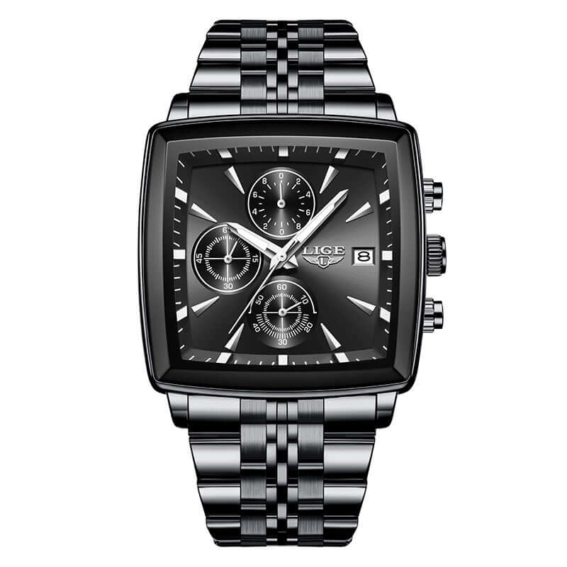Men's large dial square business watch in black with chronograph features and stainless steel bracelet.