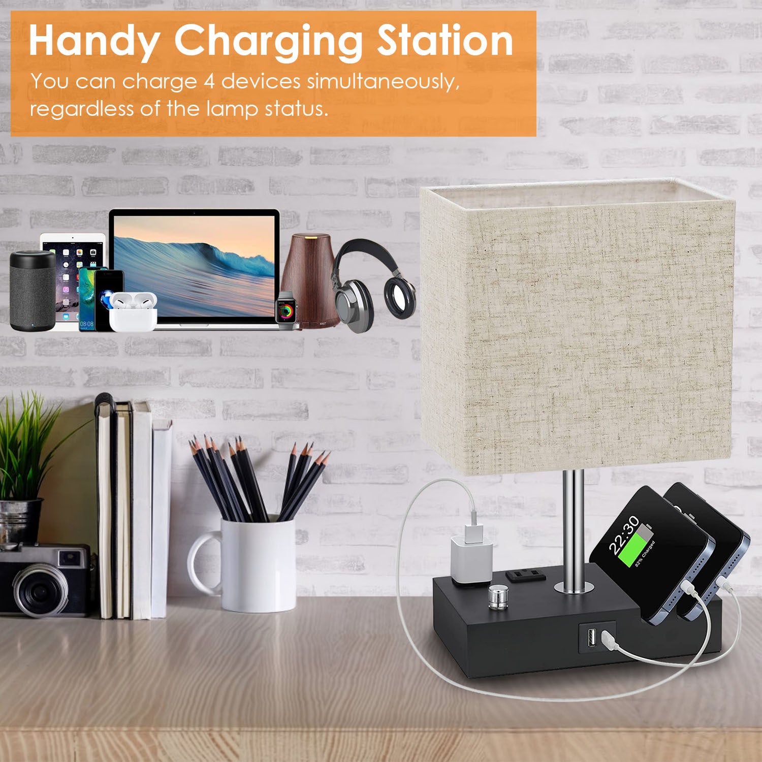 Fully dimmable table lamp with USB ports and power outlets for charging multiple devices simultaneously.