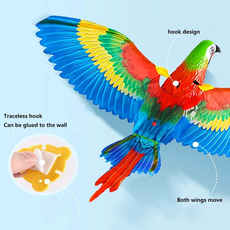 Colorful interactive flying cat toy with hook design and movable wings for endless feline entertainment.