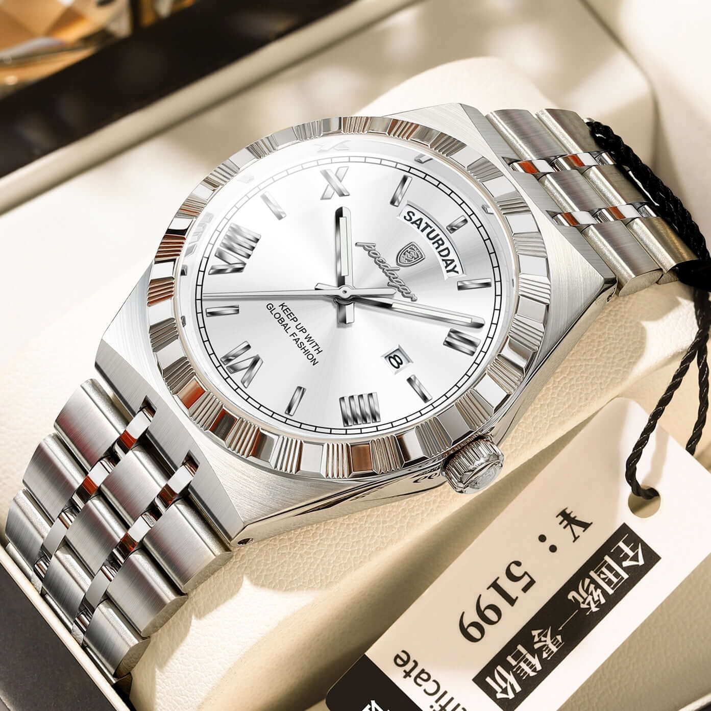 Trendy Men’s Waterproof Night Light Watch with silver stainless steel band and silver dial on display.