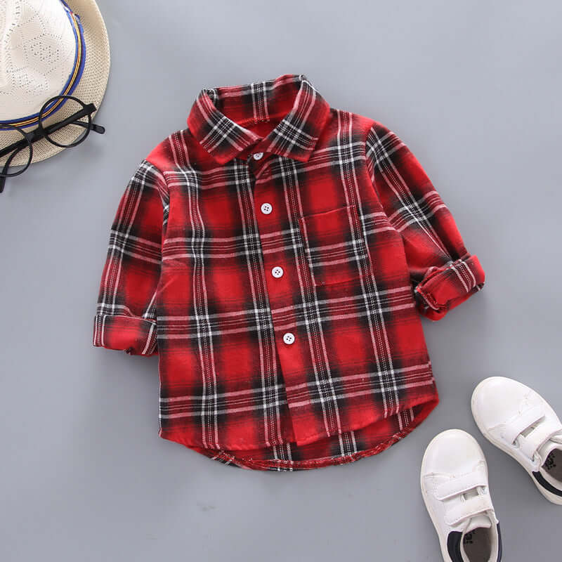 Kids Plaid Long Sleeve Shirt in red and black, featuring classic plaid design and button closure.