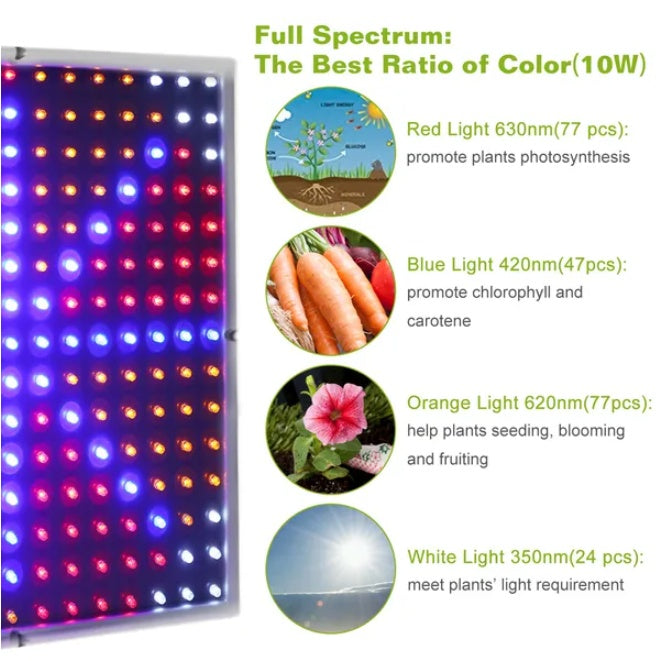 Full Spectrum Indoor Plant Growth Lamp with red, blue, orange, and white lights promoting plant growth and photosynthesis.
