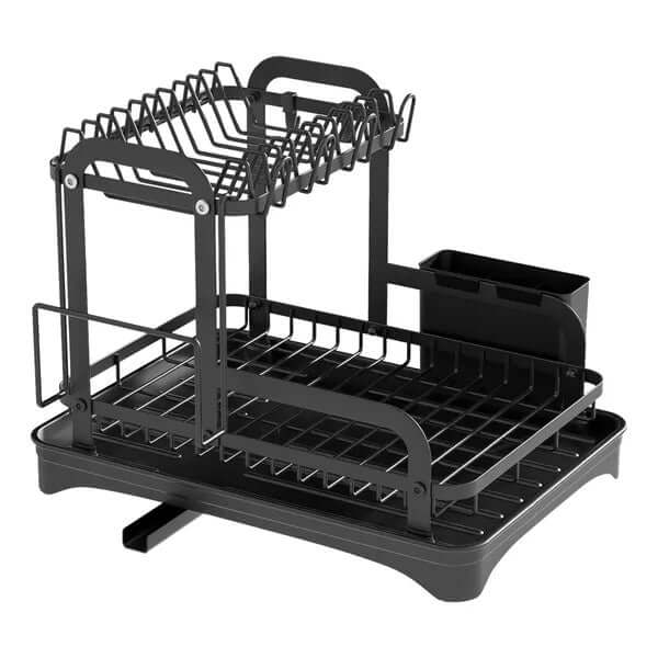 2-tier rustproof dish drying rack with drainboard organizer in black, perfect for kitchen storage.