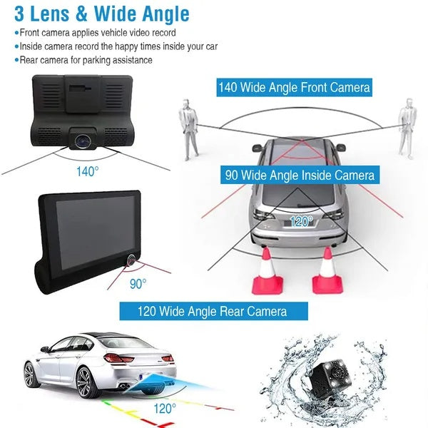 1296P Car DVR Dash Camera with 3 lenses and wide angles for vehicle recording and parking assistance.