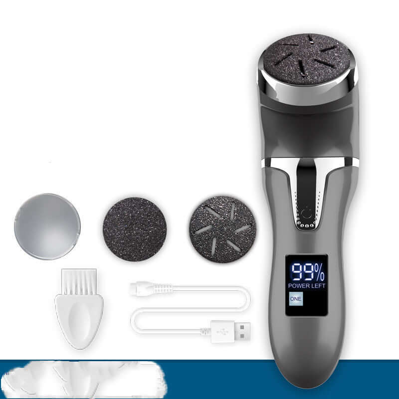 Foot scrubber with accessories, including grinding heads, power cord, and cleaning tools, for effective pedicure care.