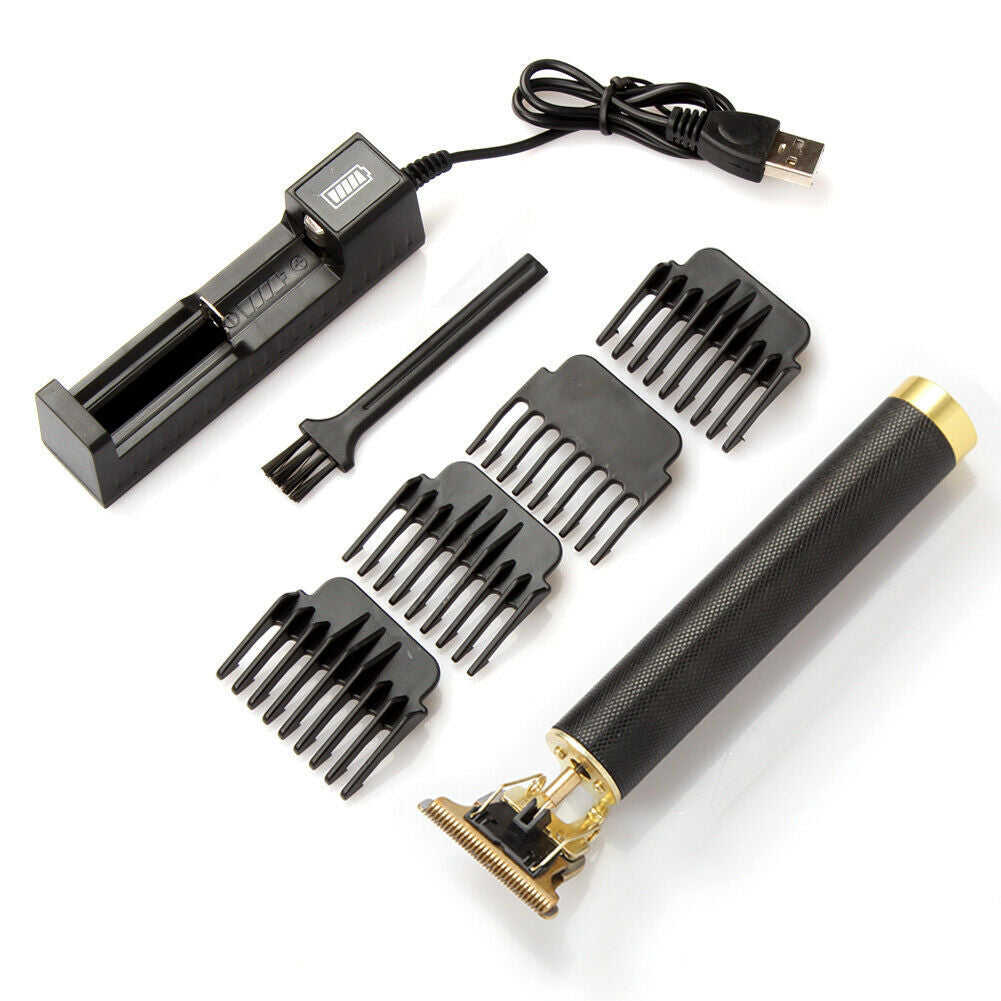 USB electric hair clippers kit with rechargeable trimmer, combs, and cleaning brush for professional men hair cutting.