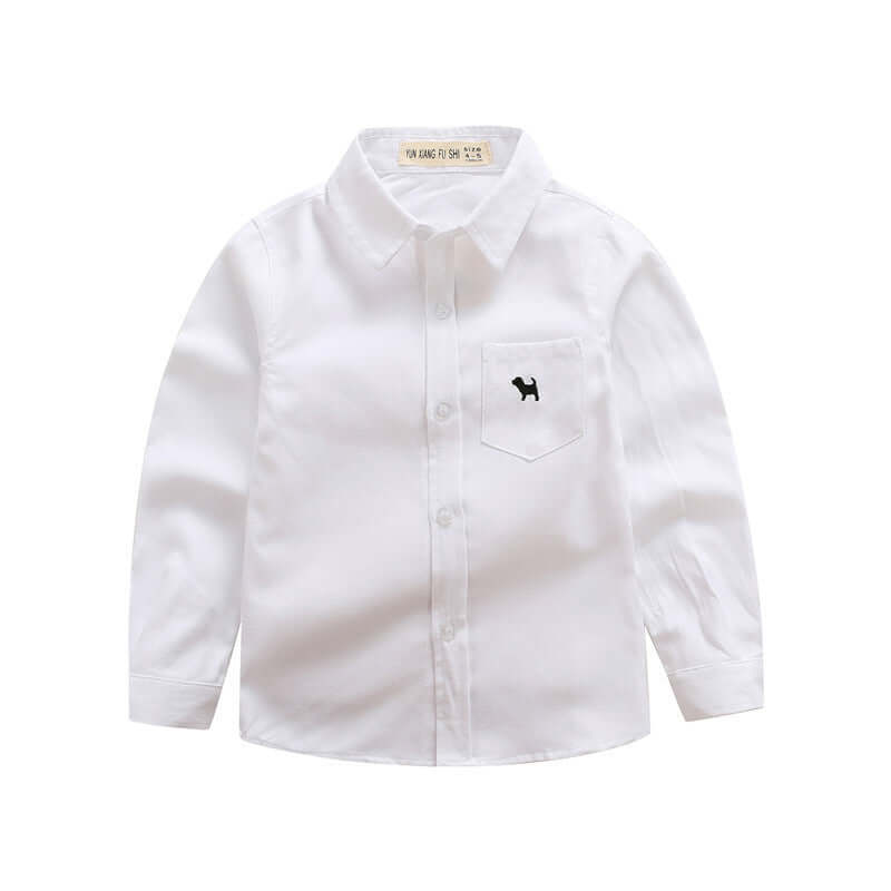 Boys’ Long Sleeve Shirt in white cotton with lapel collar and front pocket, featuring a small logo.
