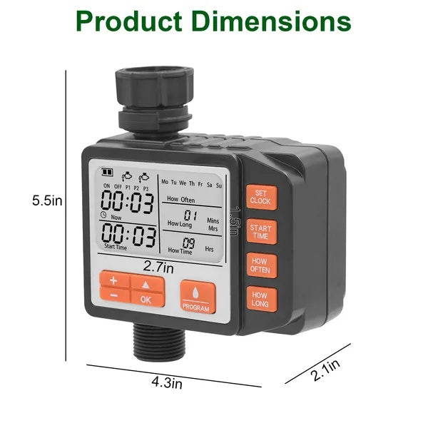 Sprinkler timer with dimensions 5.5in height, 4.3in width, and 2.1in depth, featuring a PROGRAM button for customization.