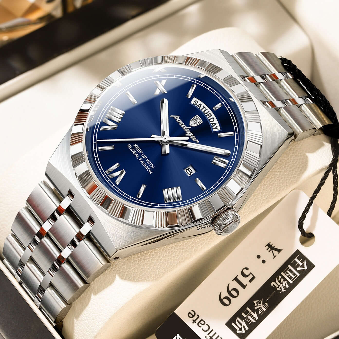 Trendy Men’s Waterproof Night Light Watch with a blue dial and stainless steel band, perfect for everyday and sports use.