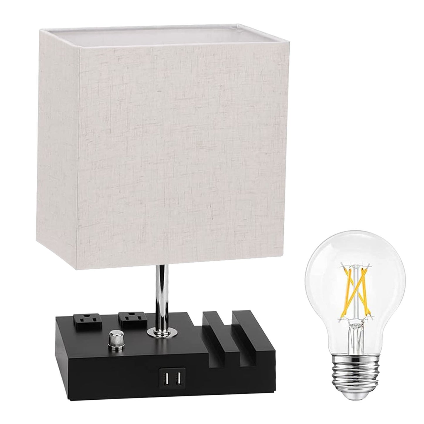 Fully dimmable table lamp with USB ports and power outlets featuring a sleek black base and fabric shade.