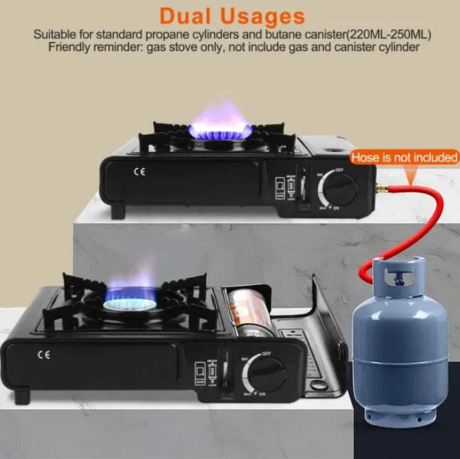 3300 Watt Portable Camping Stove with dual usages for propane and butane cylinders, showcasing flame and control knobs.