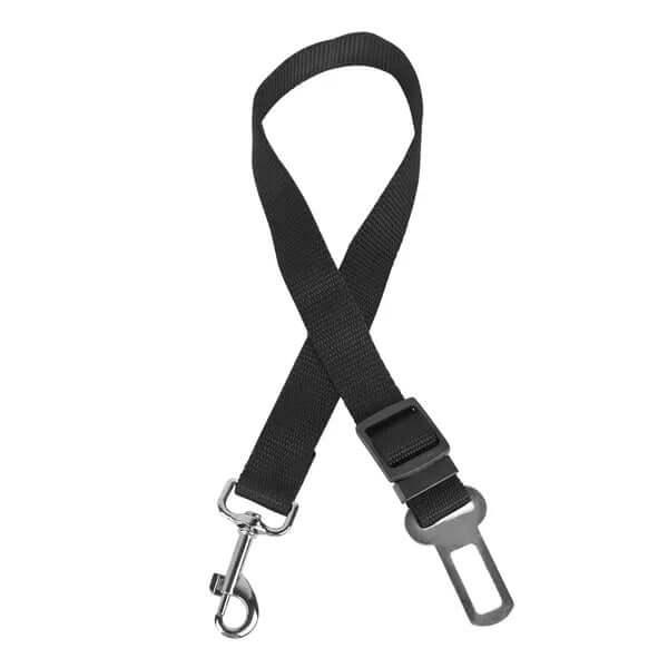 Adjustable pet seat belt leash for dogs and cats, designed for safety during car rides with secure clip and buckle.