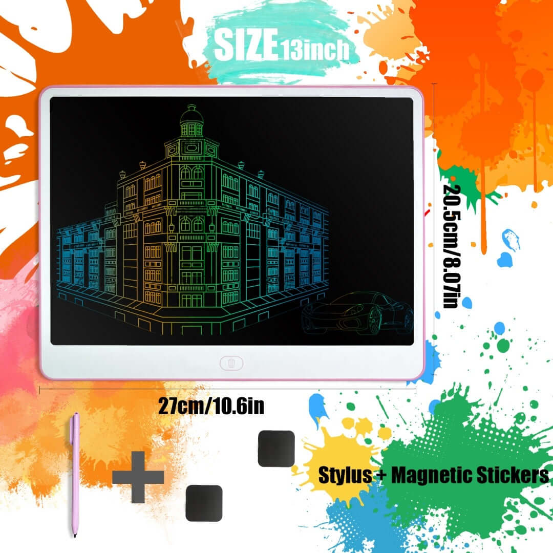 13-Inch LCD Writing Tablet for Kids, colorful drawing pad with stylus and magnetic stickers, promotes creativity and learning.