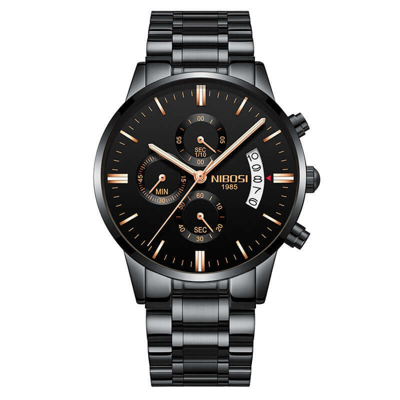 men watch featuring a sleek black design and multifunctional chronograph dials, ideal for stylish everyday wear.